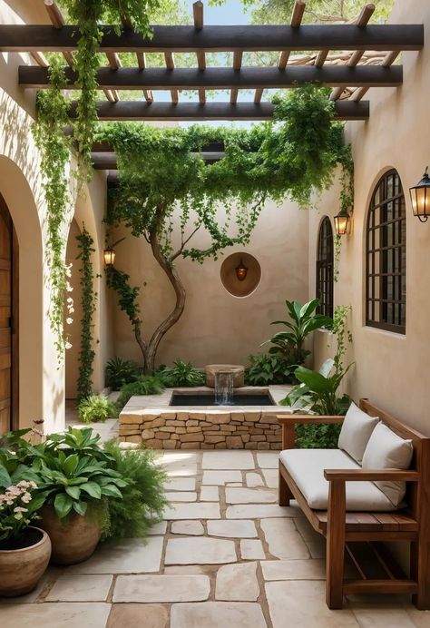 Backyard Tiling Ideas, Spanish Hacienda Courtyard, Spanish Modern Backyard, Rustic Courtyard Garden Ideas, Simple Courtyard Ideas, Spanish Style Hacienda Home, Courtyard Gardens Design Outdoor Rooms, Spanish Patio Ideas Courtyards, Hacienda Style Garden