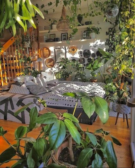 a gorgeous biophilic bedroom in boho style, with lots of potted plants everywhere and some vines over the whole space Faerie Cottage Aesthetic, Earthcore Room Decor, Cozy Plant Bedroom Aesthetic, Earthcore Bedroom, Forestcore Bedroom, Jungle Bedroom, Fairy Bedroom, Lots Of Plants, Hangout Room