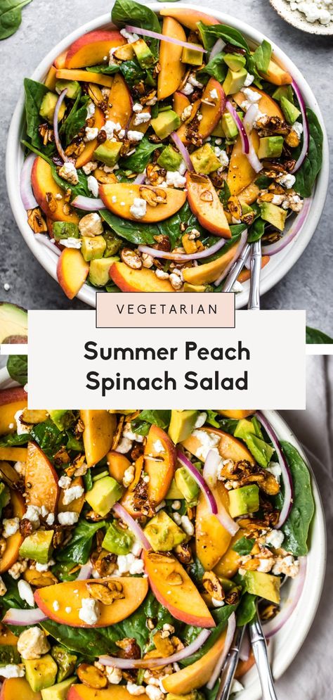 One of my favorite go-to summer salads is this fresh peach spinach salad with creamy goat cheese, heart-healthy avocado and crunchy toasted almonds. Drizzled with an easy homemade balsamic vinaigrette. So good and easy! #spinachsalad #healthysalad #peaches #peachrecipe #vegetarianrecipe #summerfood #healthyeating Picnic Salads, Cheese Salad Recipes, Healthy Summer Dinner Recipes, Homemade Balsamic Vinaigrette, Creamy Goat Cheese, Healthy Avocado, Salad With Avocado, Peach Salad, Healthy Summer Dinners