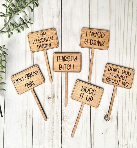 Plant Signs Funny, Funny Plant Stakes, Funny Plant Markers, Plant Signs Diy, Funny Plant Sayings, Funny Garden Signs, Plant Stand Ideas, Plant Sticks, Courtyard Plants