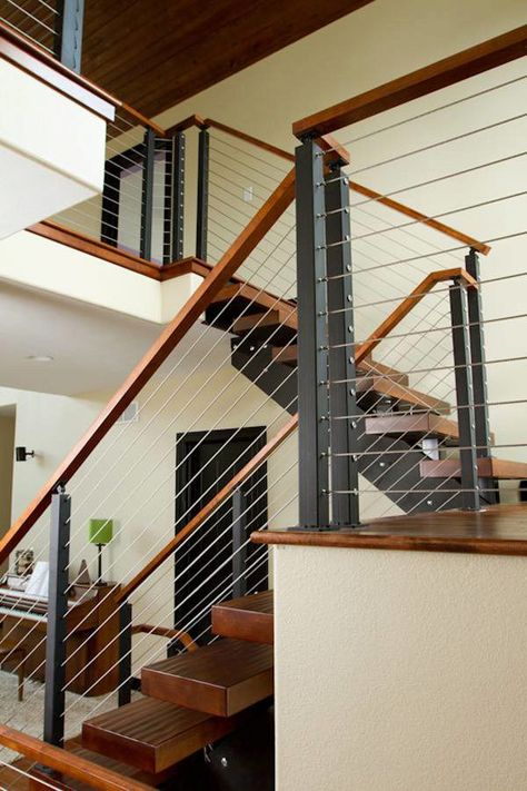 Project #60 - Cable Railing with Wood Handrail - StairSupplies™ Indoor Stair Railing, Modern Stair Railing, Wood Handrail, Handrail Design, Contemporary Staircase, Stair Railing Design, Staircase Remodel, Stair Case, Stair Handrail