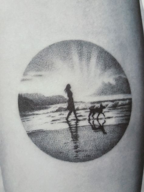 @amanda_piejak Dog Beach Tattoo, Scene Tattoo, Ocean Tattoos, Dog Tattoo, Dog Tattoos, Art Drawings Sketches Creative, Art Drawings Sketches, Drawing Sketches, Body Art