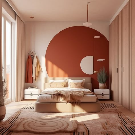 Terracotta Half Wall Bedroom, Circle On Wall Painting, Curved Painted Wall, Terracotta Accent Wall Bedroom, Accent Ceiling Bedroom, Unique Wall Paint, Orange Aesthetic Room, Bedroom Terracotta, Cool Bedroom Designs