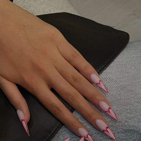 @serein.nails on Instagram Stilletos Nails Short, French Tip Almond Acrylic Nails, Nail Ideas Stiletto, French Nails With Design, Vogue Nails, Sharp Nails, Nails Quotes, Retro Nails, Long Acrylic Nail Designs