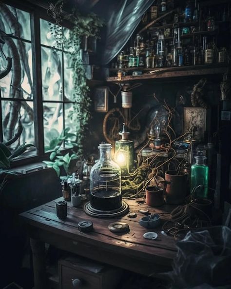 Photo a table with a bottle of magic pot... | Premium Photo #Freepik #photo #chemistry-lab #chemistry #lab-room #experiment Queen's Gambit Aesthetic, Victorian Gothic Decor, Witch Hut, W.i.t.c.h Art, Chemistry Art, Scary Halloween Decorations Diy, Magic Table, W.i.t.c.h Aesthetic, Magic Bottles