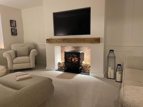 Snug Room With Fireplace, Cosy Panelled Living Room, Small Lounge Fireplace Ideas, Terraced House Lounge Ideas, Wall Panelling Around Fireplace, Living Room New Build Uk, Log Fire Media Wall, Cosy Media Wall, Living Room Panelling With Fireplace