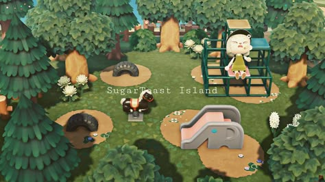 Acnh Playground Design Ideas, Animal Crossing Island Ideas Garden, Animal Crossing Park Ideas, Acnh Transition Areas, Animal Crossing Playground, Acnh Playground Idea, Animal Crossing Small Area Ideas, Acnh Playground, Animal Crossing Campsite