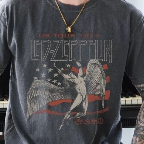 Led Zeppelin USA Tour 1975 T-Shirt Rock n Roll Band Comfort Colors 1717 Tee Led Zeppelin Shirt Outfit, Rock N Roll Shirt, Western Graphics, Led Zeppelin Shirt, Percy Jackson Characters, Birthday List, Bold Color, Tour Shirt, Led Zeppelin