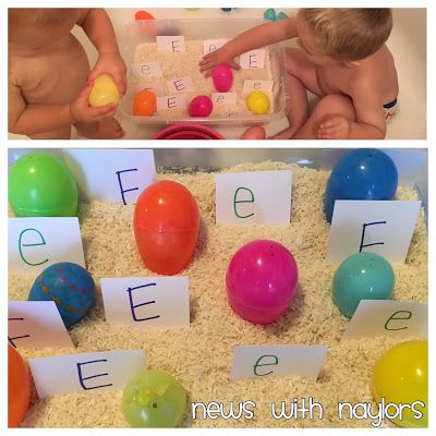 Letter E Sensory Play. Fill a bin with rice and plastic eggs. Inside the eggs are pictures of oviparous animals (animals that lay eggs). Play outside in the summer or in the tub in the winter. Letter E Sensory Bin Ideas, Letter I Sensory Bin, Letter E Sensory Activities, Letter E Sensory Bin, Egg Sensory Bin, Preschool Experiences, Homeschool Themes, Letter E Activities, Letter E Craft