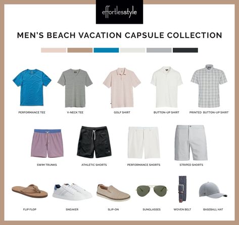 Mens Vacation Outfits Beach, Beach Capsule Wardrobe, Mens Vacation Outfits, Beach Trip Packing, Capsule Wardrobe Men, Vacation Capsule Wardrobe, Edinburgh London, Men's Capsule Wardrobe, Vacation Capsule