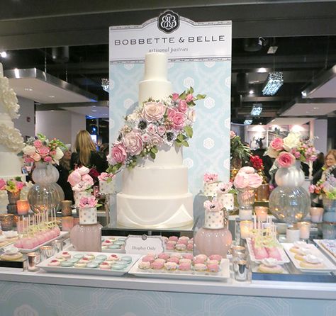 Beautiful sweets table with a soft pink and blue colour palette from Bobbette & Belle.   Bold Floral and Floral Cake Ideas from the Wedluxe Show 2015. For more ideas, visit Rebecca Chan Weddings and Events at www.rebeccachan.ca Wedding Fayre Cake Display, Wedding Cake Expo Booth Ideas, Wedding Cake Booth, Display Cake Ideas, Cake Booth Display Ideas, Floral Cake Ideas, Wedding Vendors Booth, Wedding Expo Booth, Wedding Show Booth