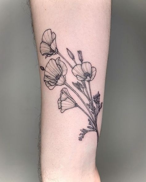 Poppy Flower Sleeve Tattoo, Large Poppy Tattoo, California Flower Tattoo, California Poppies Tattoo, California Poppy Tattoo Black And White, Poppy Tattoo Arm, Poppy Tattoo Men, Bouquet Tattoos, Floral Bouquet Tattoo