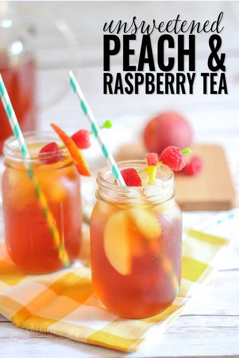 Try this refreshing unsweetened iced tea recipe featuring real raspberries and peaches. Great for a no sugar added summer drink! Peach Tea Recipe, Unsweetened Iced Tea, Raspberry Iced Tea, Peach Iced Tea, Iced Tea Recipe, Peach Syrup, Raspberry Tea, Peach Ice Tea, Drink Recipes Nonalcoholic