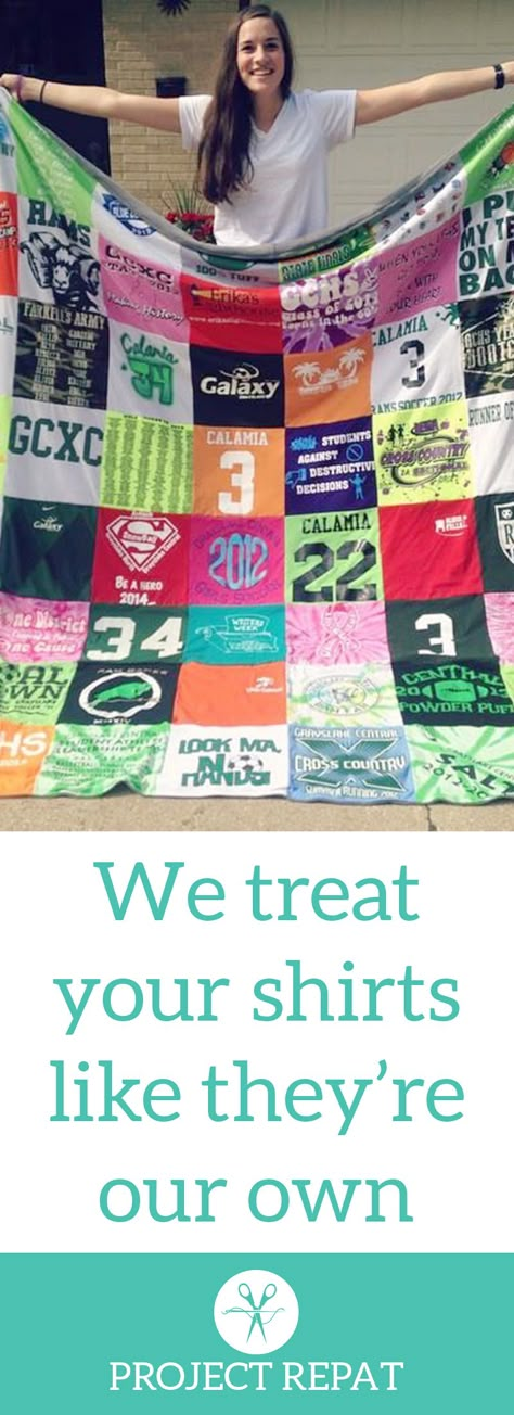 Every t-shirt quilt has a unique story to tell — what will yours say? Learn more about how you can turn t-shirts into a great conversation starter with Project Repat. https://www.projectrepat.com/?utm_source=Pinterest&utm_medium=3.6P Shirt Blanket, Hantverk Diy, Shirt Quilts, Tshirt Blanket, T Shirt Quilt, Tshirt Quilt, High Schools, Shirt Quilt, Craft Time