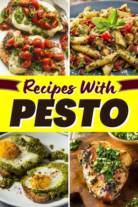 Between the juicy chicken, zingy baked tofu, and fresh homemade bread, these recipes with pesto are here to kick your weekly dinner menu up a notch. Tomato Pesto Recipe Dinners, Recipe With Pesto In It, Dinner Ideas With Pesto Sauce, Recipes That Use Pesto, Pesto Dishes Dinners, Recipes With Pesto Healthy, Meals With Pesto, Pesto Dinner Ideas, Recipes With Pesto Sauce