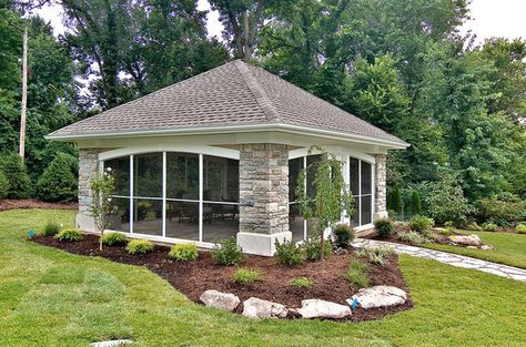 Screened pavilion. Gazebo On Deck, Shed Makeover, Screened Gazebo, Screen House, Contemporary Patio, Outdoor Pavilion, Outdoor Remodel, Backyard Gazebo, Backyard Pavilion