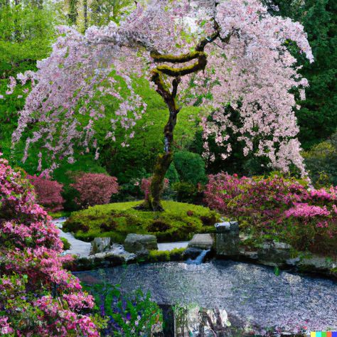 A peaceful zen garden with a large cherry blossom tree and a tranquil pond Garden With Cherry Blossom Trees, Japanese Cherry Blossom Garden, Japanese Garden Cherry Blossom, Cherry Blossom Tree In Garden, Butterfly Mansion, Cherry Blossom Garden, Manor Aesthetic, Sakura Garden, Japanese Inspired Garden