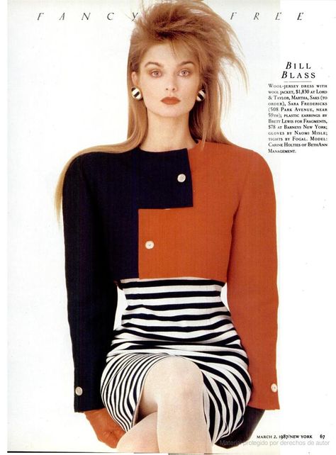 American fashion in 1987 - Boxy and bolero jacket with fitted stripped dress 1980s Fashion Magazine, 1980s Fashion Dresses, 1987 Fashion Women, American 80s Fashion, 80s Womens Fashion 1980s, 80s Fashion Magazine, 1980s Outfits, 1980s Fashion Women, 1980s Fashion Trends