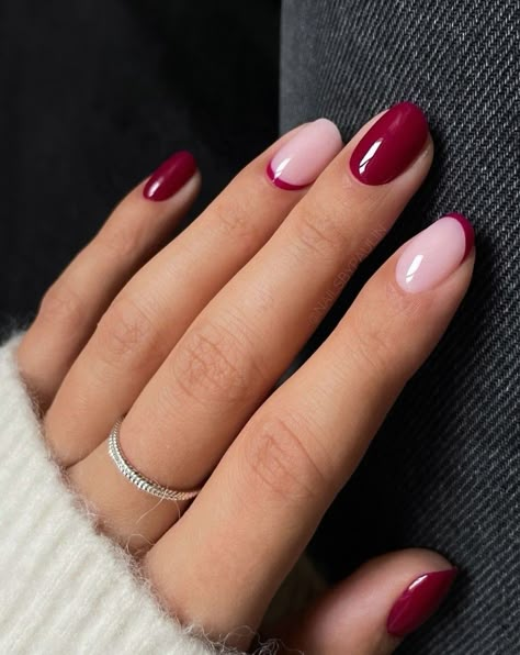 💅 nailsbypaulin 👈 Instagram Different Colour On Each Nail, Burgundy Chrome French Tip Nails, February Nails Ideas Gel, Raspberry Color Nails Design, Classy Oval Nails Short, Short Biab Nails Christmas, Berry French Tip Nails, Biab Short Designs, Gel Polish Ideas For Short Nails