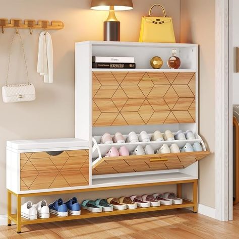 Moasis 22 Pairs Shoe Cabinet with 2 Flip Drawers, Narrow Shoes Rack with Storage Bench - Bed Bath & Beyond - 40376473 Shoes Closet Ideas Entrance, Entry Furniture Ideas Entrance, Shoes Wardrobe Design, Shoe Rack Ideas Entryway Entrance, Horizontal Shoe Rack, Large Shoe Storage, Shoe Rack Cabinet Design, Shoe Storage Design, Mudroom Bench With Shoe Storage