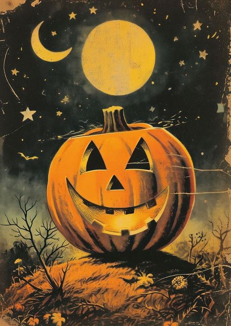 Vintage halloween postcard anthropomorphic jack-o'-lantern representation. | premium image by rawpixel.com / Boom Vintage Jack O Lantern, Halloween Postcard, Vintage Halloween Cards, Lantern Vintage, Pumpkin Moon, Lantern Art, Evil Pumpkin, Poster Halloween, Halloween Pumpkins Painted