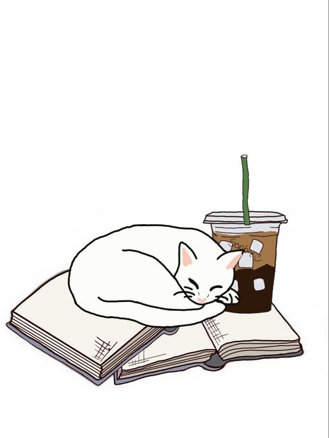 Cozy Cat Drawing, Cat And Books Drawing, Cat With Coffee Drawing, Coffee And Book Drawing, Coffee Cat Tattoo, Sleep Cat Drawing, Sleepy Cat Doodle, Cat And Coffee Tattoo, Cat Curled Up Drawing