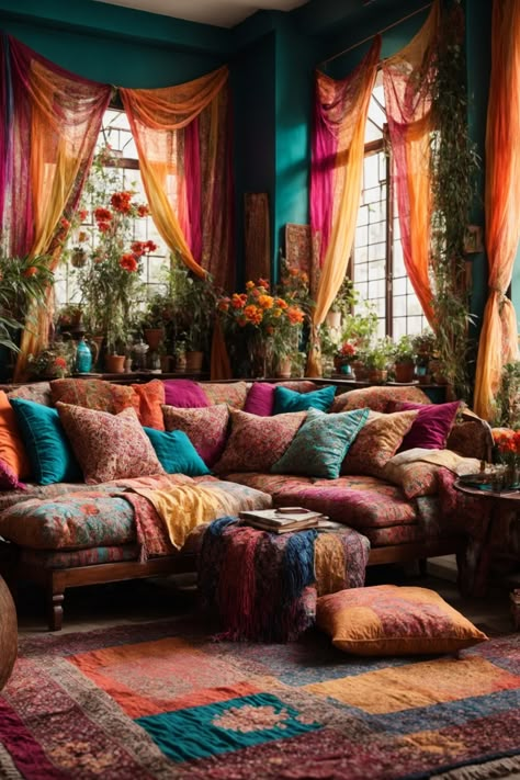 Dive into a living room that's a vibrant tapestry of colors, textures, and sensations. Lush teal walls form the perfect backdrop for a symphony of brilliant oranges, radiant pinks, and deep purples. Sheer drapes, kissed by sunbeams, frame arched windows and dance gently in the breeze. The centerpiece, a sumptuous multi-colored couch, beckons with plush cushions and throws in dazzling patterns and hues. Underfoot, a patchwork of intricately designed rugs tell tales of distant lands and adventures Teal Colour Living Room, Jewel Tone Living Room Grey Couch, Tapestry Living Room Ideas, Romani Living Room, Moody Pink Kitchen, Jewel Tone Accents Living Room, Victorian Bohemian Decor Living Room, Teal Boho Living Room, Teal And Purple Living Room