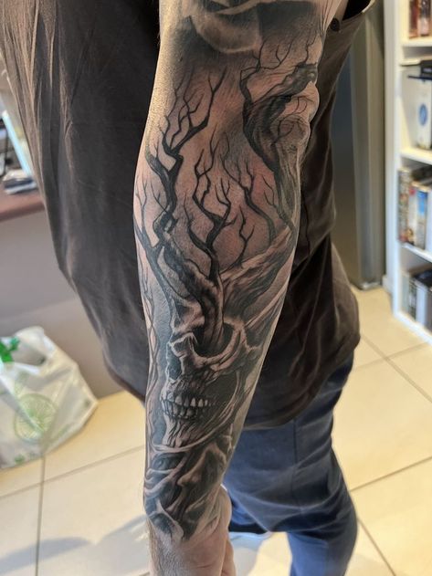 Men’s Tree Forearm Tattoo, Bone Forearm Tattoo, Forearm Skull Tattoos For Guys, Skull Arm Sleeve Tattoos, Skull And Tree Tattoo Design, Evil Tree Tattoo, Realism Tree Tattoo, Skull And Tree Tattoo, Tree Arm Tattoo Men