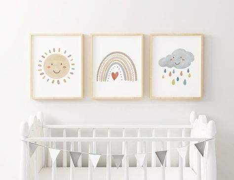 Set of 3 watercolour Rainbow, Sunshine and Rain Cloud themed prints to brighten up any kids bedroom or nursery. Available to purchase as a set of three, as a pair or singular. A personalised name can be printed on any of the prints, just let me know. Available in either A4 or A3 size. Scandi Wall Art, Cloud Heart, Sunshine Rain, Sunshine Wall Art, Watercolour Rainbow, Rainbow Bedroom, Wall Art Rainbow, Sun Wall Art, Heart Rainbow