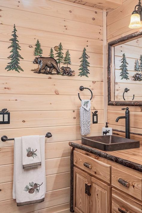 Woods Themed Bathroom, Wildlife Bathroom Ideas, Cabin Style Bathroom Ideas, River Themed Bathroom, Woodsy Bathroom Ideas, Lodge Kitchen Decor, Small Cabin Bathroom, Cabin Bathroom Ideas, Log Home Bathrooms