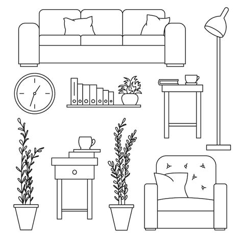 Free Vector | Interior icons line set Furniture Vector Illustration, Sketch Furniture, Drawing Furniture, Furniture Sketch, Furniture Design Sketches, Interior Design Drawings, Paper Doll House, Interior Design Sketches, Interior Sketch