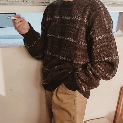 Men With Sweater Outfit, Men Outfits Sweater, Masculine Sweater Outfit, Grandpa Sweater Men, Pattern Sweater Outfits, Lovejoy Outfit Ideas, Lovejoy Inspired Outfits, Librarian Outfit Men, Grandpacore Outfit Male