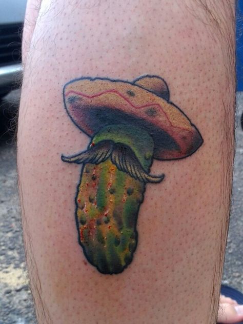 Pickle Tattoo Ideas, Cute Pickle Tattoo, Pickle Tattoo Traditional, Pickles Tattoo, Cute Pickle Drawing, Pickle Tattoo, Pickle Girl Art, Banana Tattoo, Spicy Pickle