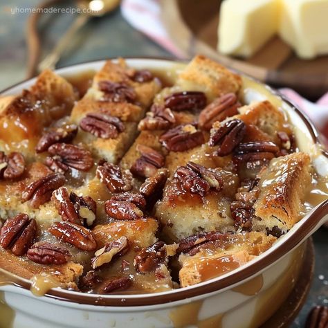 Pecan Pie Bread Pudding Recipe - My Home Made Recipe Cinnamon Pecan Bread Pudding, Pecan Caramel Bread Pudding, Bread Pudding Thanksgiving, Leftover Pecan Pie Recipes, Bread Pudding Glaze, Egg Nog Bread Pudding Recipe, Pecan Bread Pudding Recipe, Pecan Pie Bread Pudding Recipe, Flavored Breads