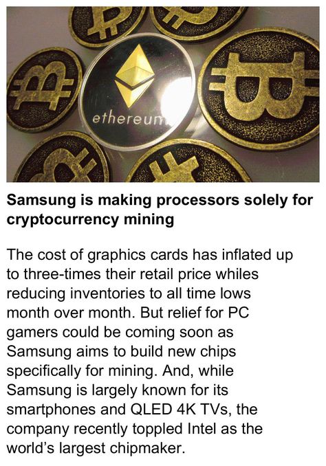 Samsung is making processors solely for cryptocurrency mining  #Samsung  #Cryptocurrency #Bitcoin #mining   http://www.techradar.com/news/samsung-is-making-processors-solely-for-cryptocurrency-mining All Time Low, New Samsung, Cryptocurrency News, Bitcoin Mining, Pc Gamer, Cryptocurrency, Are You The One, All About Time, Graphic Card