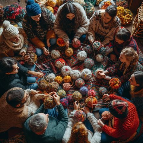 "Knitting Community Gathering: A group of people sitting closely, engaged in a knitting session surrounded by #colorfulyarns. #knittingcommunity #craftsession #artificialintelligence ⬇️ Download and 📝 Prompt 👉 https://stockcake.com/i/knitting-community-gathering_220957_41246". Knitting In Public, Winter Hat Craft, Community Gathering, Friends Cafe, Community Photos, Knitting Group, A Group Of People, Women Gathering, Friends Gathering