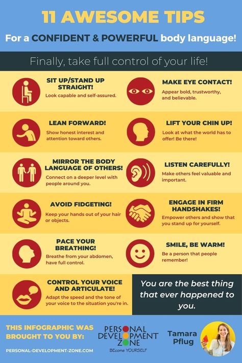 Interested in showing confidence through your body language? Discover these 11 tips that will instantly help you feeling bold and secure. Body Language | Self Confidence | Self Esteem | Personal Development | Tips | Self Improvement #selfconfidence #confidence #selfesteem #personaldevelopment #selfimprovement #pdzone Confident Body Language Tips, Body Language For Confidence, Intimidating Body Language, Confident Body Language Woman, Positive Body Language, How To Improve Body Language, Elegant Body Language, Confident Body Language Woman Tips, Charisma Tips