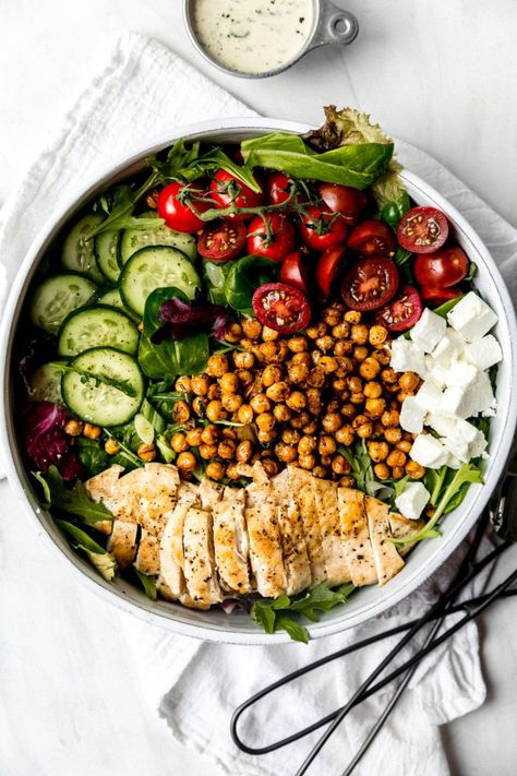 Super Salad with Chicken, Buttery Spiced Crispy Chickpeas, and Herby Tahini-Miso Ranch Dressing - Never Not Hungry Super Salad, Salad With Grilled Chicken, Chicken Chickpea, Not Hungry, Salad With Chicken, Chicken Crispy, Ranch Salad, Satisfying Salads, Spiced Chickpeas