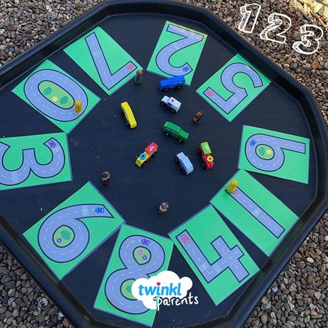 For kids who love cars, this tuff tray activity is a super way to help them understand how different numbers are formed. Can they drive a car around each road whilst making the shape of the number?  Thank you @_diaryofplay (on instagram) for sharing this fun way of learning maths! Download our road themed number formation activities to try this at home. Numbers Tuff Tray Ideas, Infant Number Activities, Number Recognition Tuff Tray, Number Formation Eyfs, Tuff Tray Number Activities, Number Tuff Tray Eyfs, Number Recognition Activities Eyfs, Car Tuff Tray Ideas, Maths Tuff Tray Eyfs