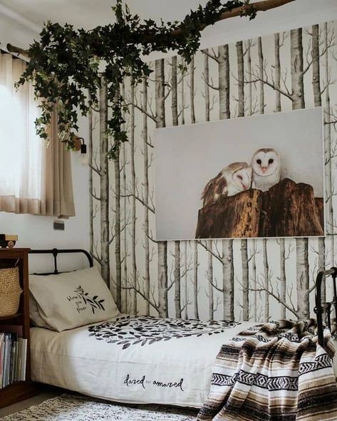 Fabulous Black and White Wallpapers-Painted by Kayla Payne Forest Theme Bedroom, Tree Wallpaper Bedroom, Forest Themed Bedroom, Birch Tree Wallpaper, Forest Bedroom, Forest Room, Wallpaper Room, Kids Bedroom Designs, Kids Bedroom Design