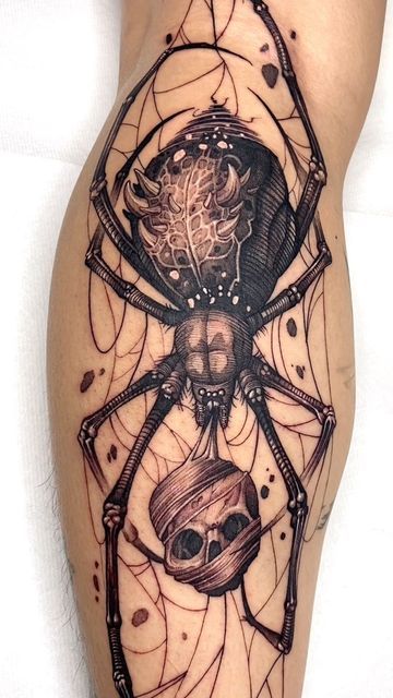 Halloween Spider Tattoo, Crawling Spider Drawing, Neo Traditional Spider Tattoo, Blackwork Spider Tattoo, Spider Sleeve Tattoo, Dark Spider Tattoo, Tarantula Tattoo, Spider Tattoo Design, Spider Tattoos