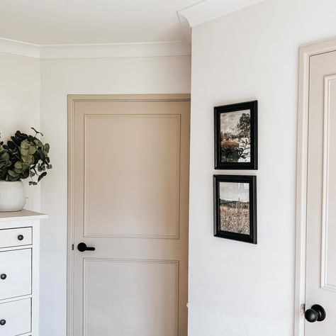 Painting our old interior doors has been such a great update to our home. The beige colour is soft but striking agains the white walls.  #interiordoors #beigepaint #homeDIY #homerenovations #doorpainting #beigedoor White Wall Beige Door, Light Brown Door Paint, White Walls Tan Doors, Interior Doors Beige, Beige Interior Doors, Beige Doors Interior, Old Interior Doors, Beige Doors, Old Interior