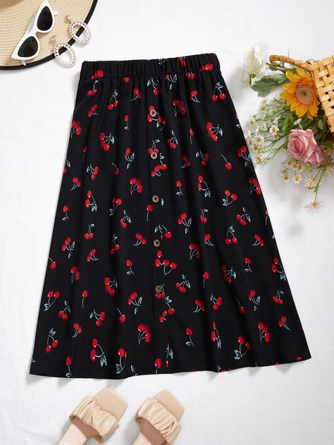 Plus Cherry Print Fake Button Skirt Cherry Skirt, Fall Plus Size, Button Skirt, Cherry Print, Plus Size Skirts, Black Casual, Amazing Products, Autumn Summer, Summer Fall