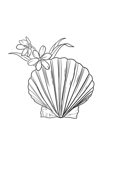 Dainty Sea Shell Tattoo, Seashell Wrist Tattoo, Seashell Flower Tattoo, She’ll Tattoo, Shell Drawings, Seashell Tattoo, Feminine Shoulder Tattoos, Beachy Tattoos, Shell Tattoo