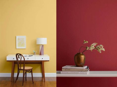 Lemonade (Right)- A cheerful, refreshing and light lemony yellow, inspired by the summer drink. And also possibly by our favorite, Queen Bey. Big Apple (Left)-Deep, red, and delicious. A striking hue named in honor of NYC. Clare, shop 55 interior designer curated paint colors, all available on Clare.com. "Meet Clare, the first direct-to-consumer company to disrupt the $155 billion interior paint industry" Business Insider  #paint #painting #homeimprovement #diy #homedecor #diyhomedecor Red And Yellow Wall Paint Colors, Red And Yellow Interior Design, Red And Yellow Room, Bedroom Paint Schemes, Trendy Paint Colors, Yellow Painted Walls, Room Palette, Home Wall Colour, Yellow Paint Colors