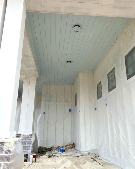 Sherwin Williams Blue Ceiling Paint, Lauren’s Surprise Sherwin Williams, Sherwin Williams Tradewind Exterior, Painting Vinyl Porch Ceiling, Laurens Surprise Sherwin Williams, Sherwin Williams Lauren's Surprise, Beach House Ceiling Ideas, Shiplap Painted Walls, Sherwin Williams Haint Blue Colors