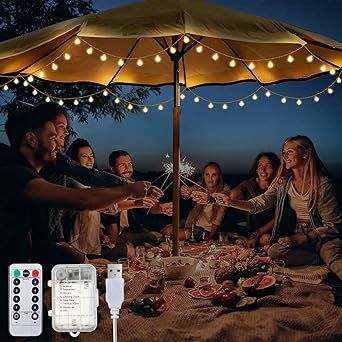 Enhon Patio Umbrella String Lights, Shatterproof Globe LED String Lights with Remote Control, 8 Lighting Modes, Battery/USB Powered, Waterproof Hanging Light Decorate for Patio Outdoor Umbrella Lights, Backyard String Lights, Patio Oasis, Patio Umbrella Lights, Parasol Lights, Fairy Lights Garden, Umbrella Decorations, Lights Wedding Decor, Umbrella Lights