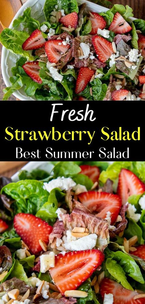 Looking for the ideal summer salad recipe? Fresh Strawberry Salad layers fresh greens, juicy strawberries, toasted nuts, and feta cheese all covered with tangy, sweet vinaigrette dressing. Strawberry Salad Recipe Dressing, Strawberry Feta Salad Recipe, Summer Green Salad Recipes, Easy Strawberry Salad Recipe, Sweet Vinaigrette Dressing, Green Salad With Strawberries, Summer Green Salad, Easy Strawberry Salad, Mamagourmand Recipes