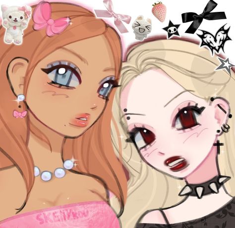 When opposite fashion girlies are best friends 🎀🖤 do you have any friends like that? #coquette #grunge #goth #pinterestart #sanriocore #matchingicons #fashioninspo #art Goth And Coquette Duo, Goth And Coquette Friends, Opposite Aesthetic Friends, Best Friend Duos, Fashion Girlies, Goth Friends, Bestie Board, Coquette Grunge, Preppy Girl