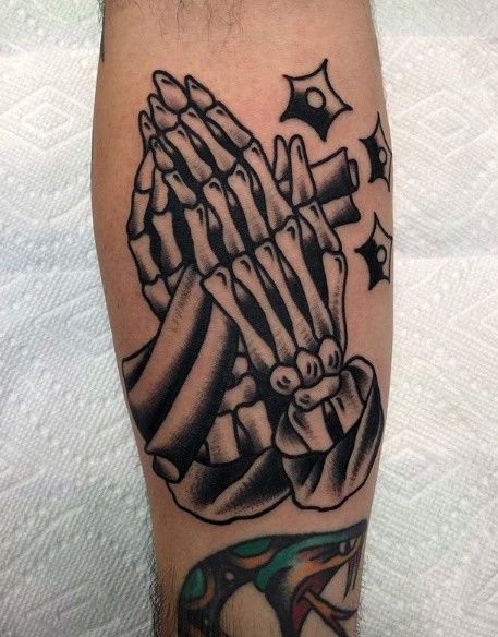 Praying skeleton hands tattoo done by @tbirdtattoos in Vancouver | www.otziapp.com Skeleton Handshake Tattoo, Hand Tattoo Traditional, Skeleton Hands Tattoo, Praying Skeleton Hands, Demon Hands, American Traditional Old School, Designing Tattoos, Praying Skeleton, Praying Hands Tattoo Design